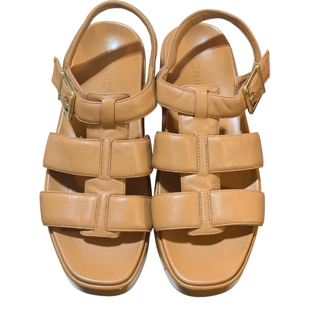 Vionic Delano Platform Sandal Womens 7 Tan Leather Fisherman Orthotic Comfort